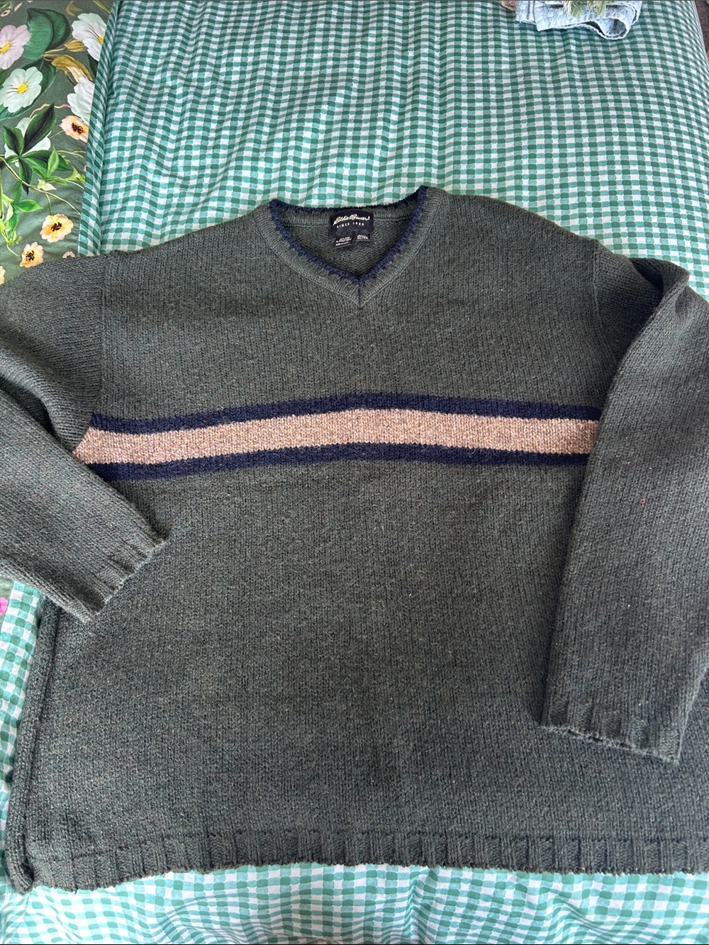 Eddie Bauer Dark Green V-Neck Sweater with Navy and Tan Stripes